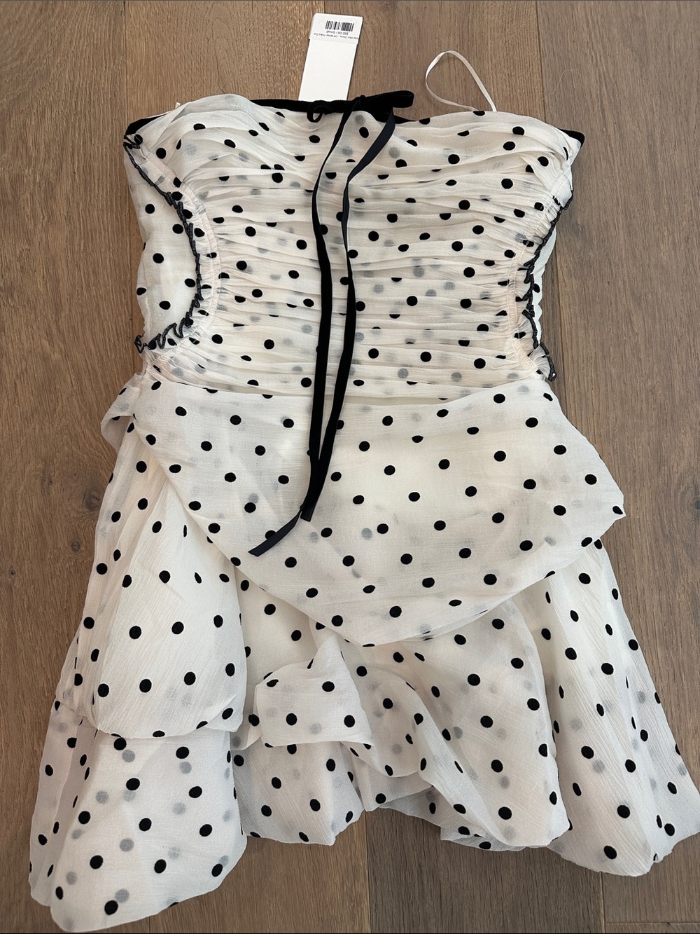 Strapless White Polka Dot Mini Dress with Black Trim